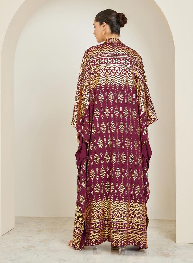 Amirah Foil Print Front Open Kaftan Style Abaya and Dress Modest Set - Image 4